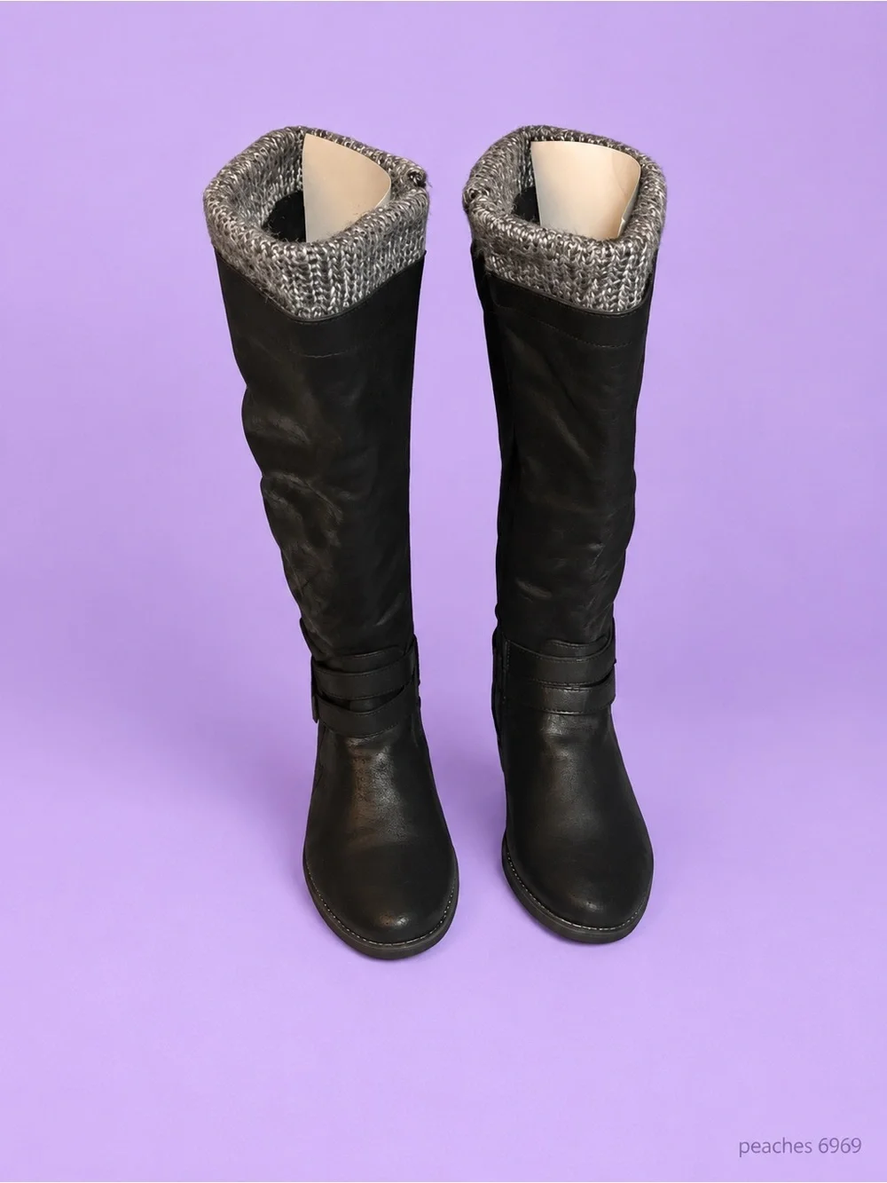 Gorgeous Wide calf Black Knee-high Boots with Gray Knit Cuff